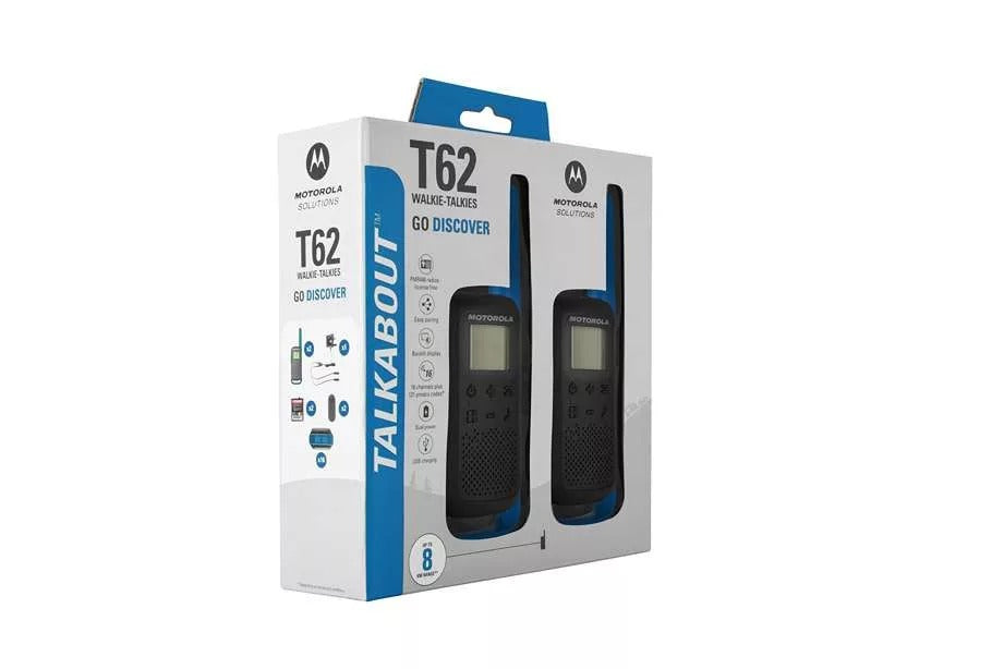 Walkie-talkies Motorola T62 en caja blanca y azul.