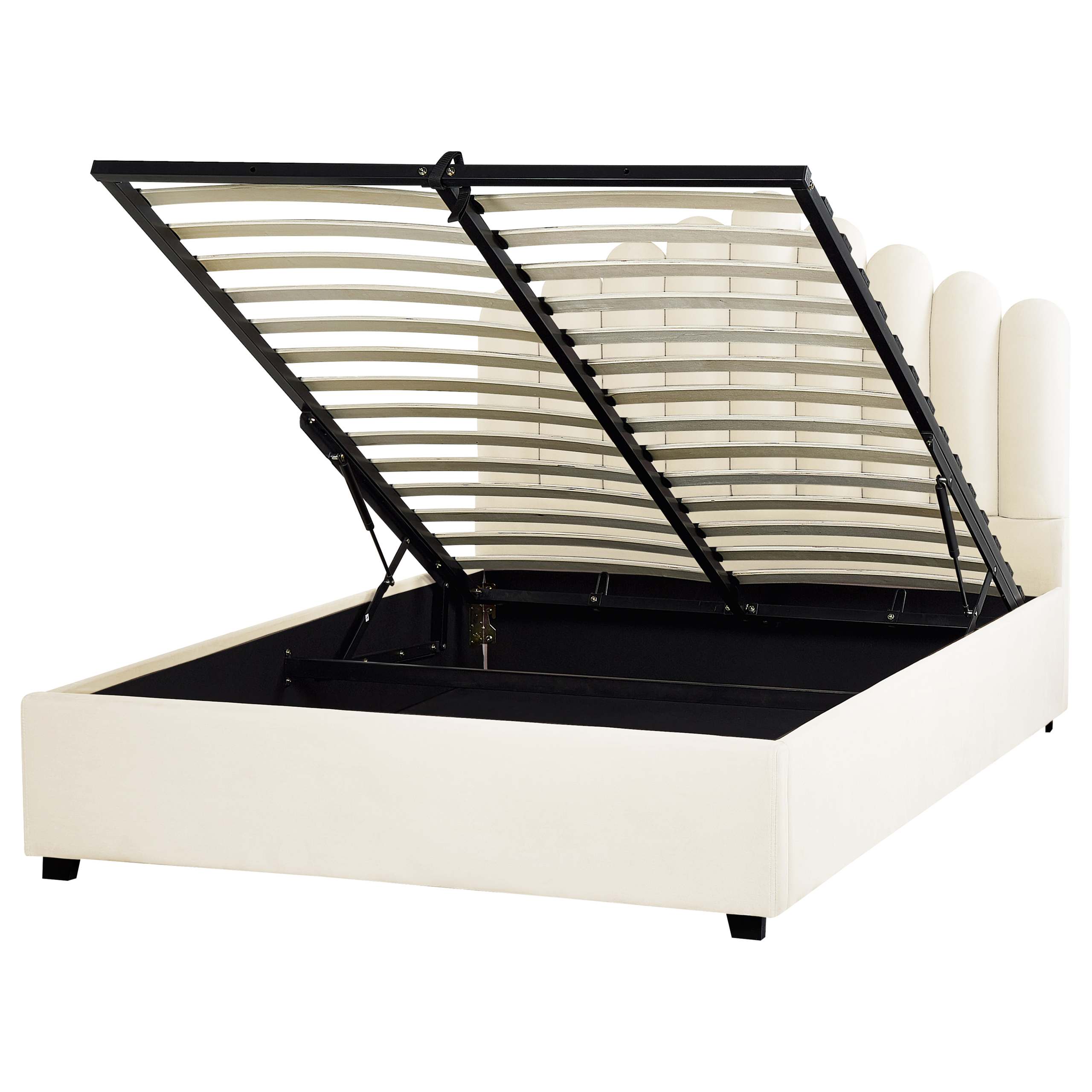 Letto imbottito beige con rete a doghe aperta e vano portaoggetti.