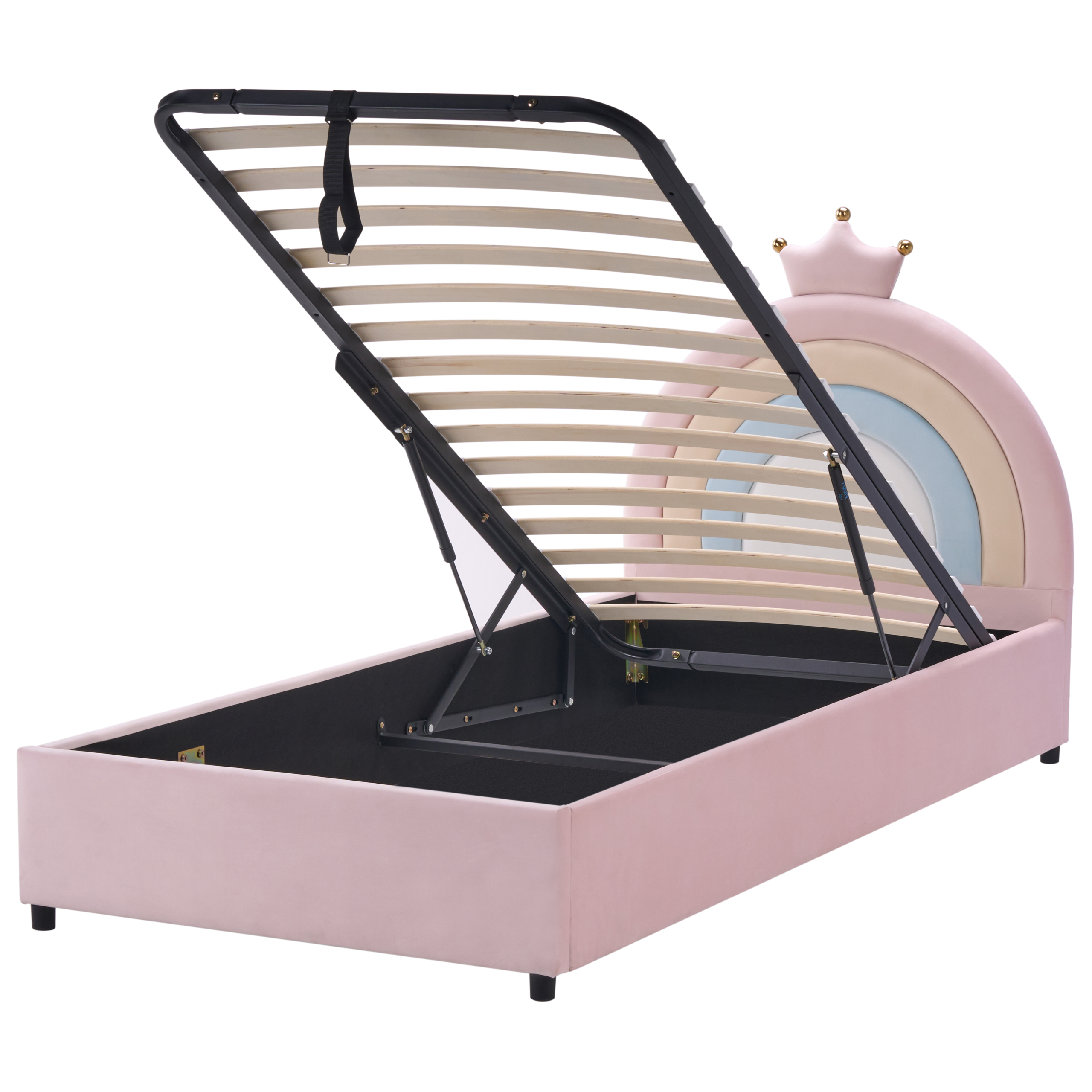 Un letto rosa con rete a doghe aperta e testiera a forma di arcobaleno con corona.