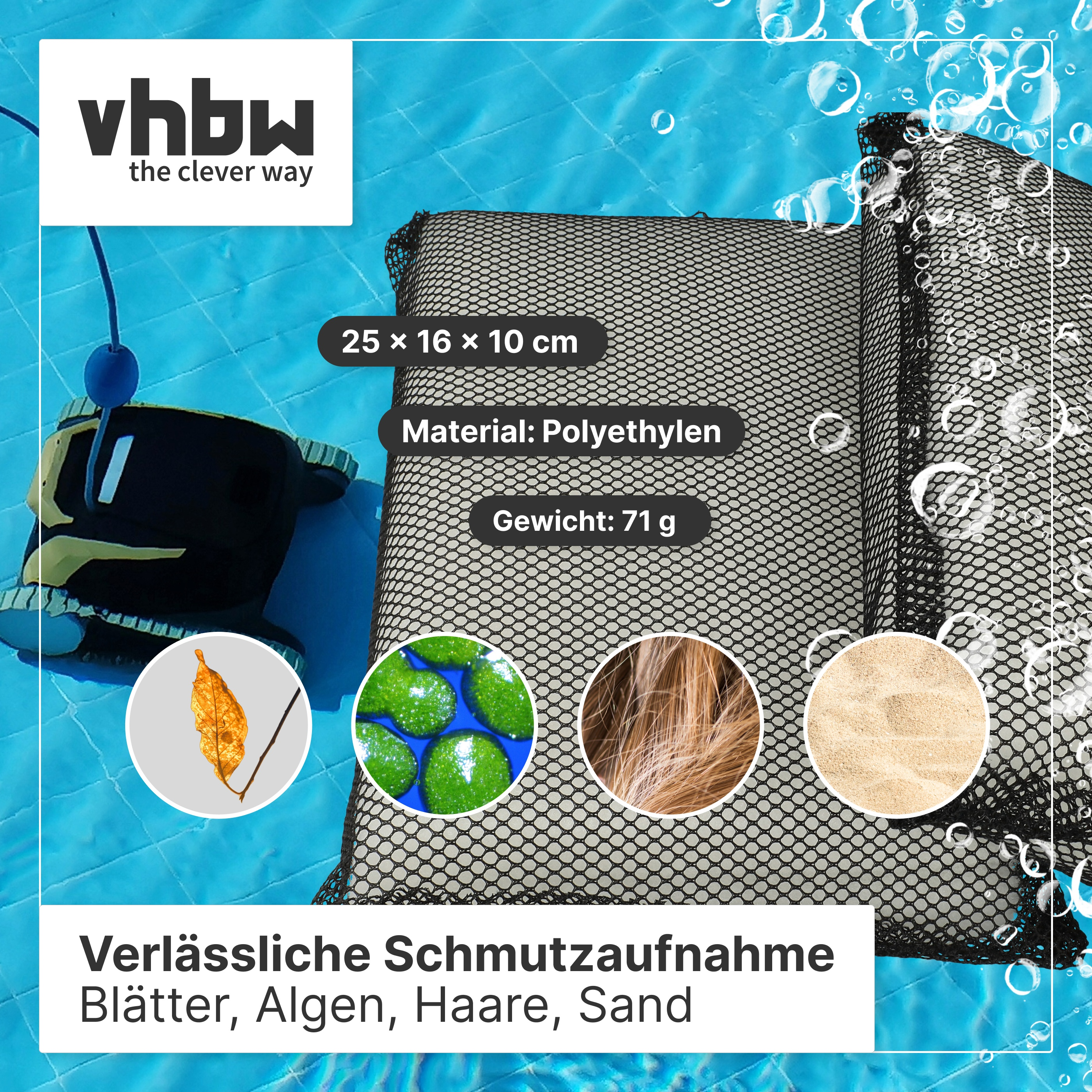 Schwarzes Filternetz für den Pool mit technischen Details und Beispielen für Schmutz wie Blätter, Algen, Haare und Sand.
