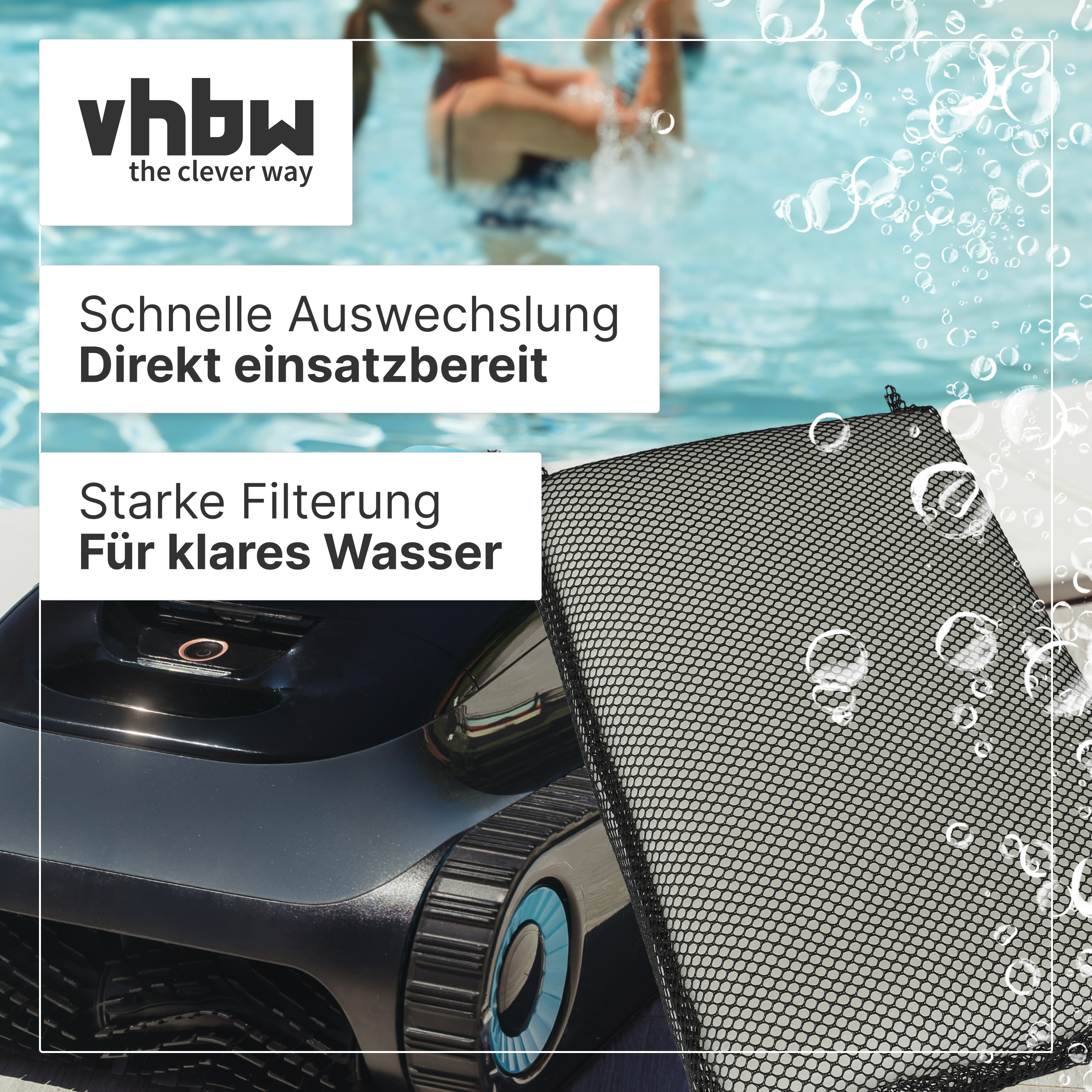 Ein schwarzer Poolreiniger mit Filterbeutel und Textoverlay vor einem Schwimmbad.