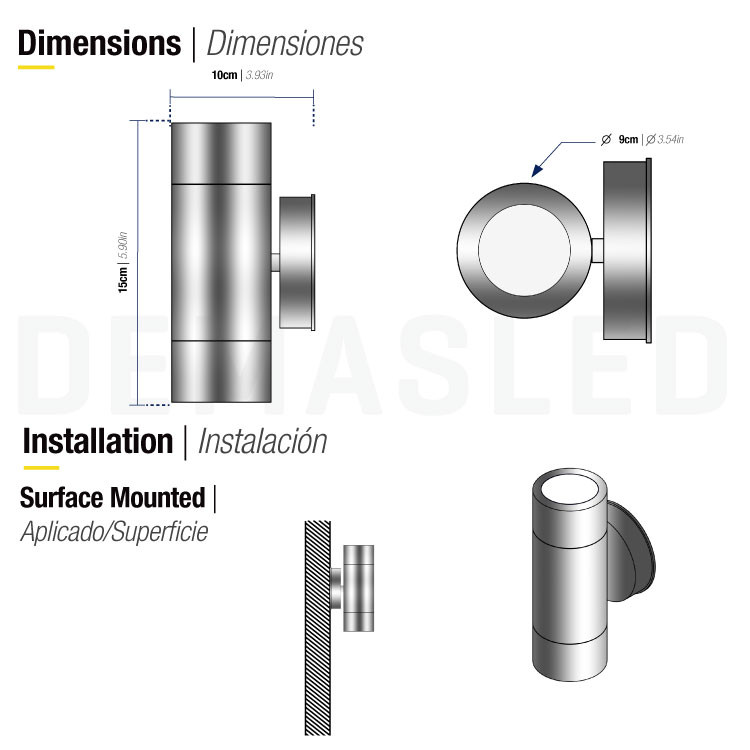 Diagrama que muestra las dimensiones y montaje en superficie de un aplique cilíndrico.