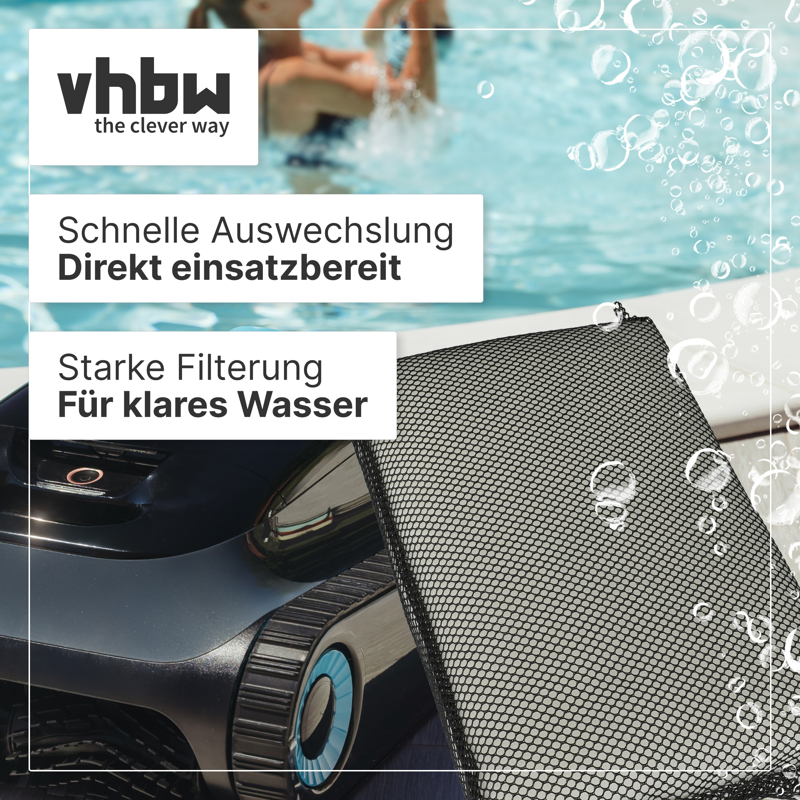 Poolroboter am Beckenrand mit Filterbeutel, im Hintergrund eine Person im Pool und Textfelder.