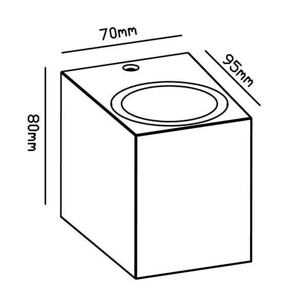 Dibujo técnico de una luminaria rectangular con dimensiones de 70x95x80 mm y una abertura redonda arriba.