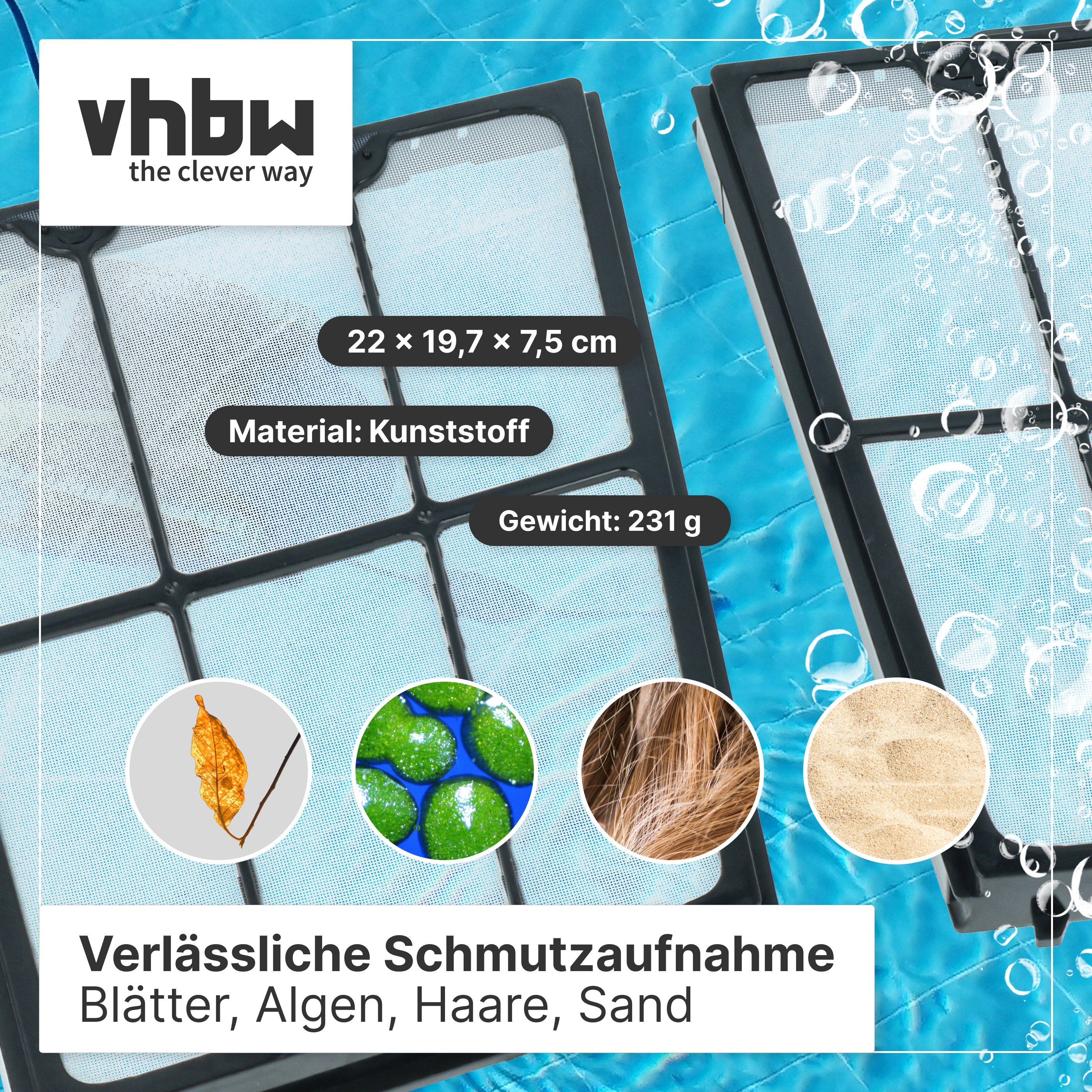 Poolfilter-Einsätze vor blauem Hintergrund zeigen die Aufnahme von Schmutz wie Blättern, Algen, Haaren und Sand.
