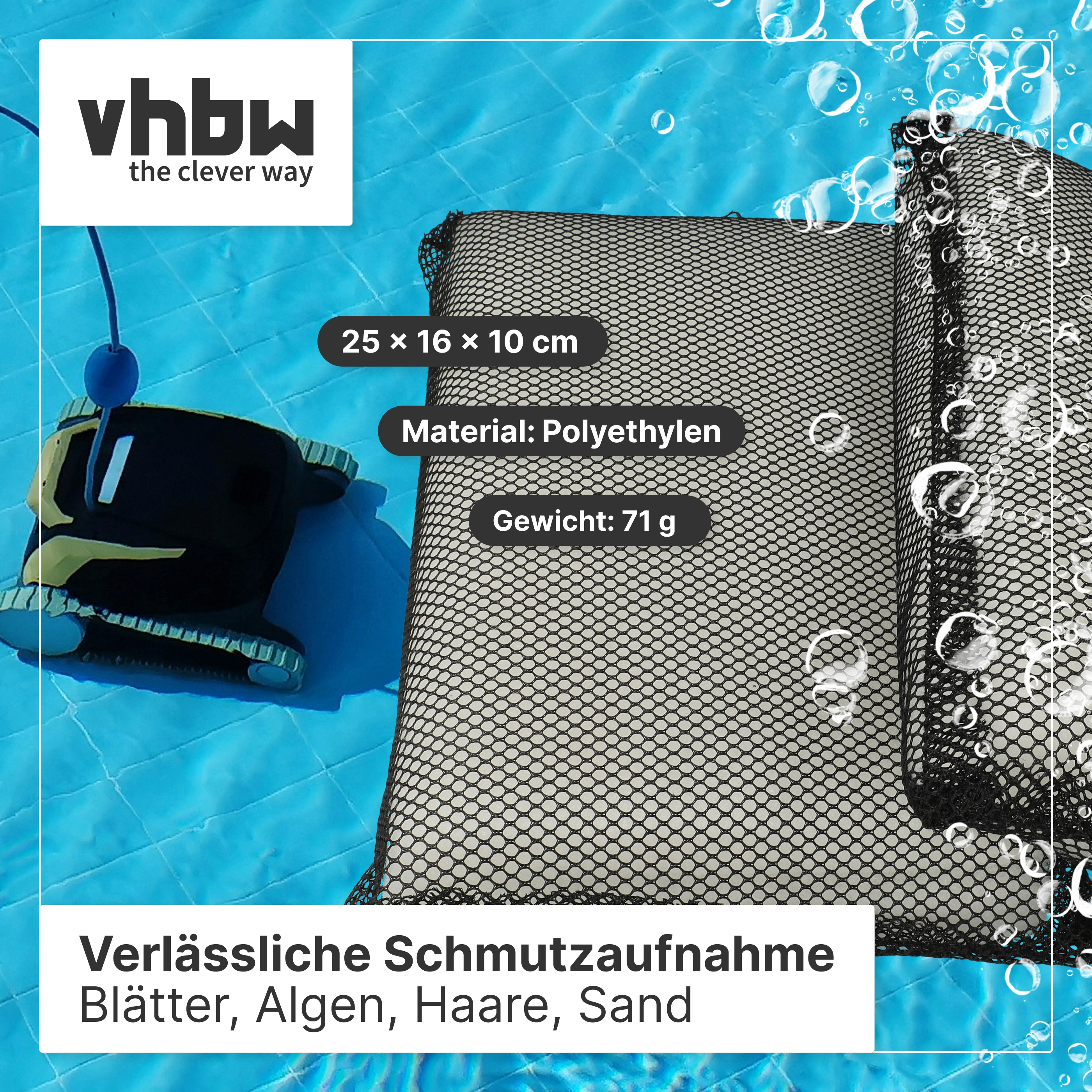 Schwarzes Filternetz für Poolreiniger im Wasser mit Produktinfos und vhbw Logo.