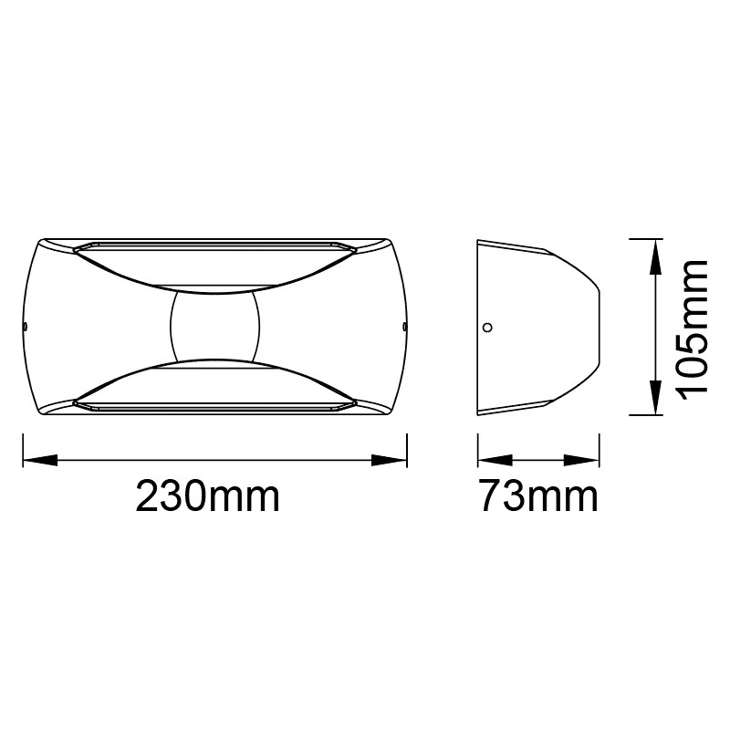 Dibujo técnico de un aplique de pared con dimensiones de 230mm de largo, 105mm de alto y 73mm de profundidad.