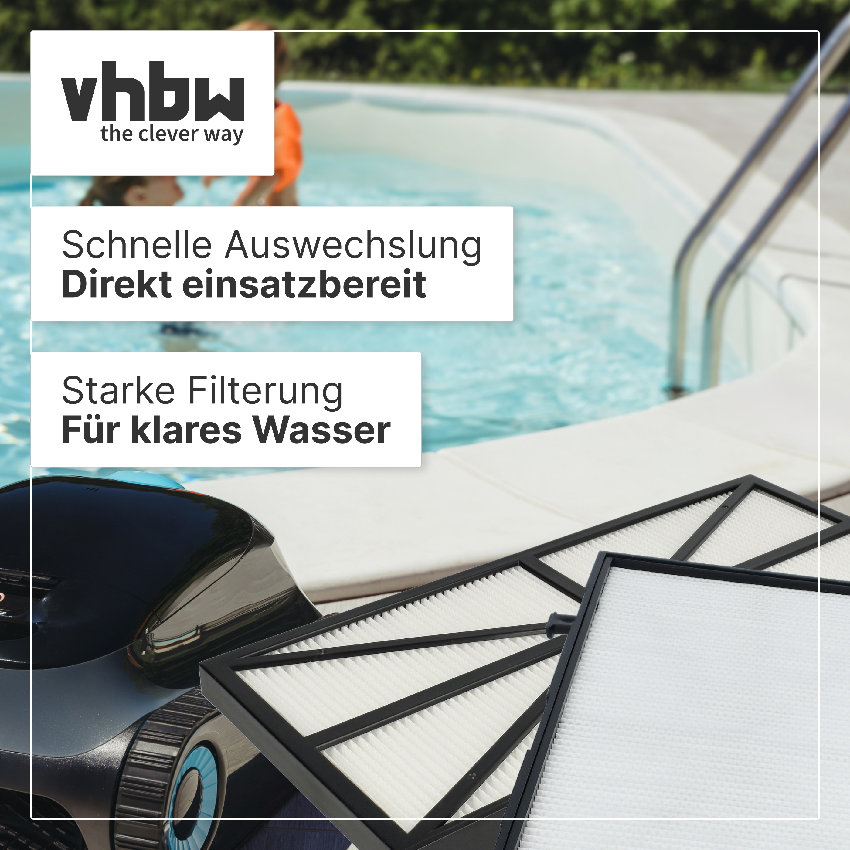 Poolroboter und weiße Filterelemente am Beckenrand mit Textboxen.