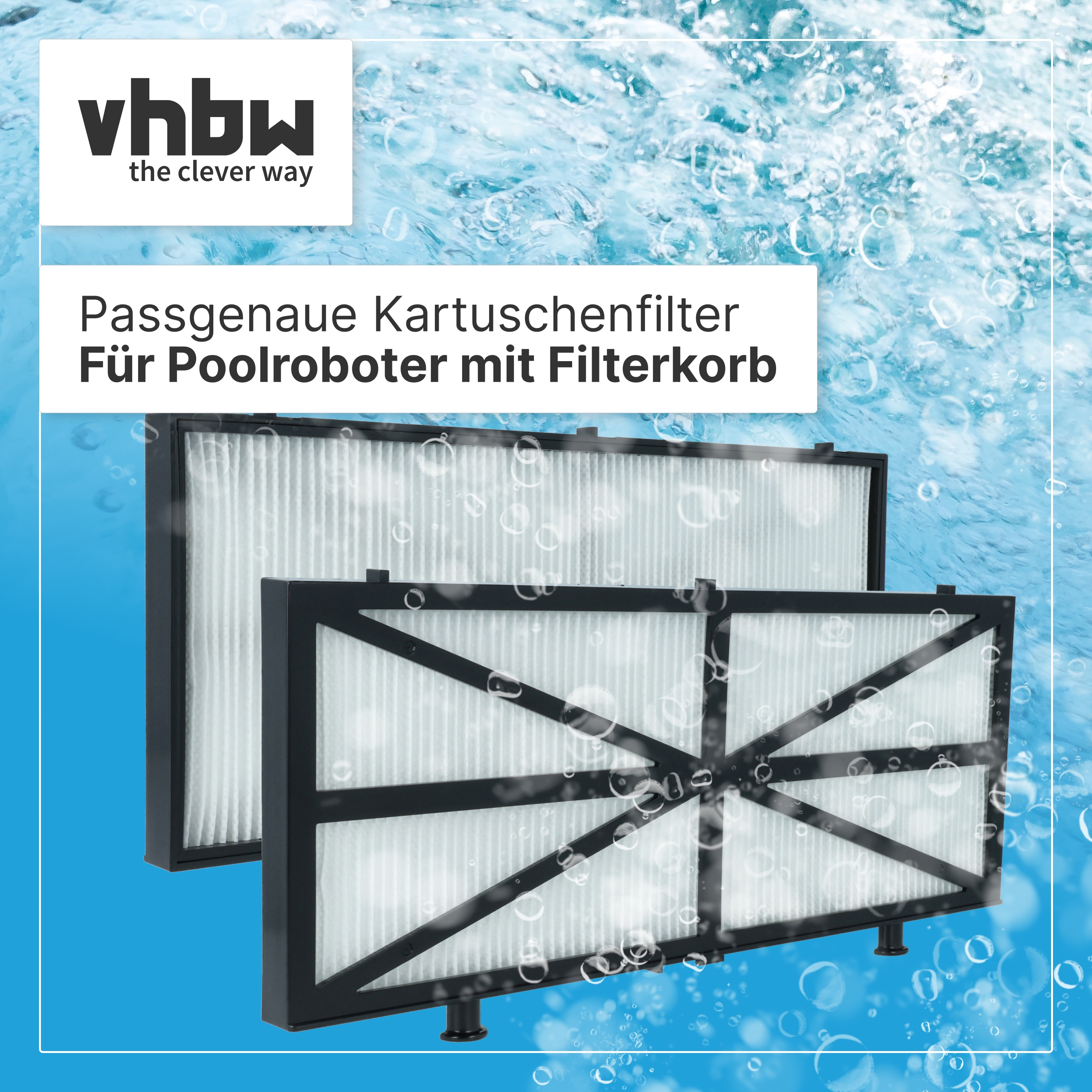 Zwei rechteckige Poolfilterpatronen mit schwarzem Rahmen vor blauem Wassertraggrund mit Luftblasen.