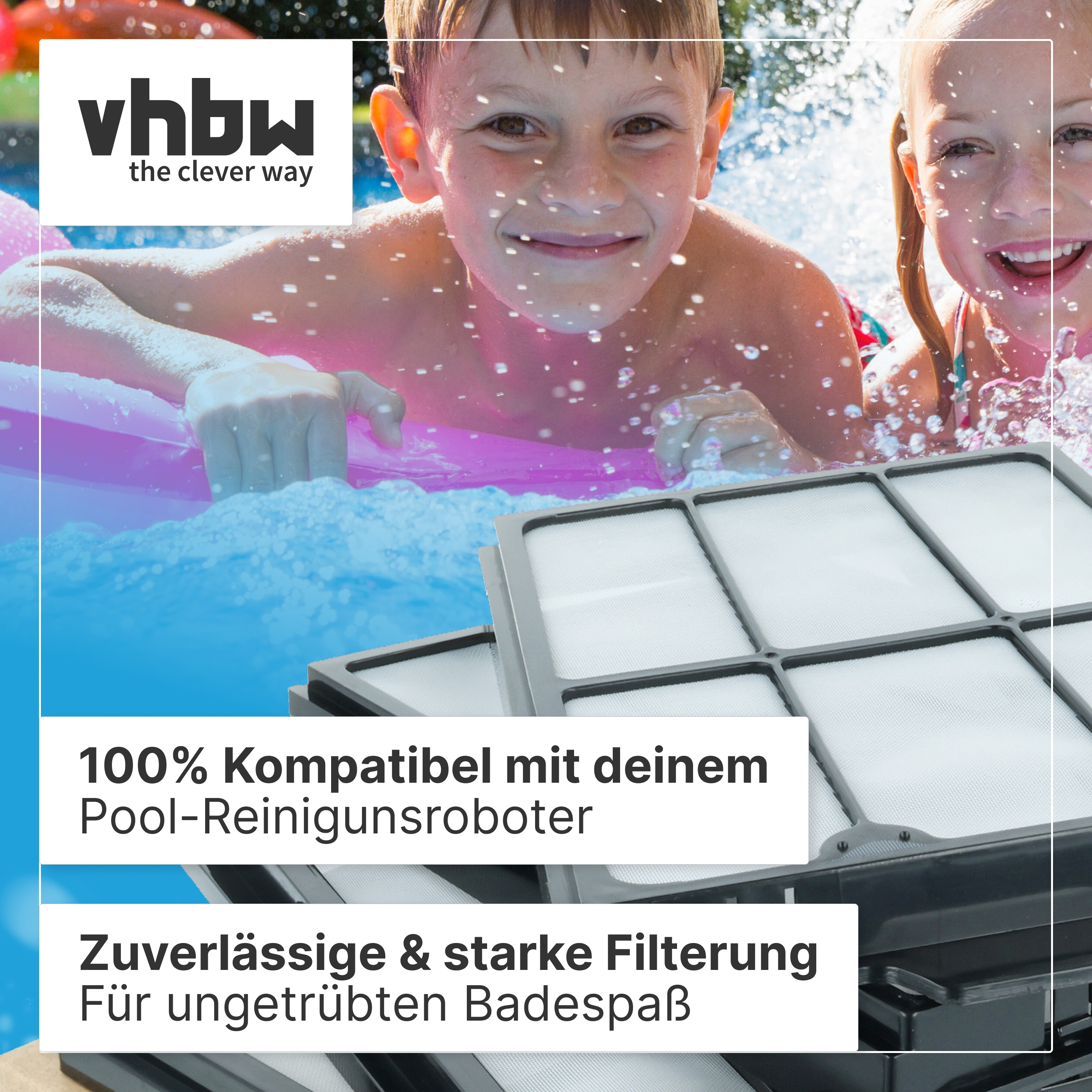 Poolfilter mit Kindern im Hintergrund beim Schwimmen.