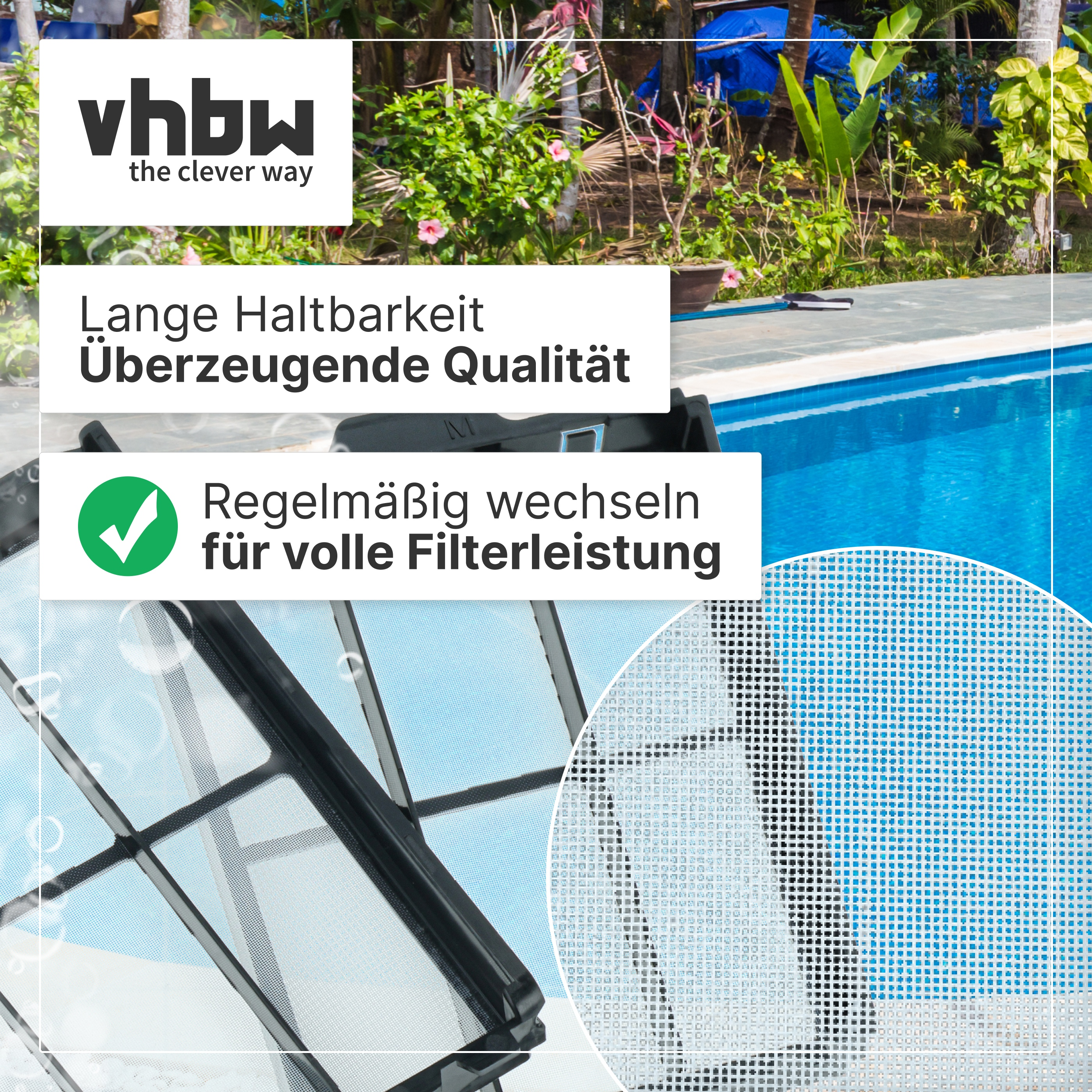 Pool-Filter mit vhbw-Logo und Text über Langlebigkeit vor Pool-Hintergrund.