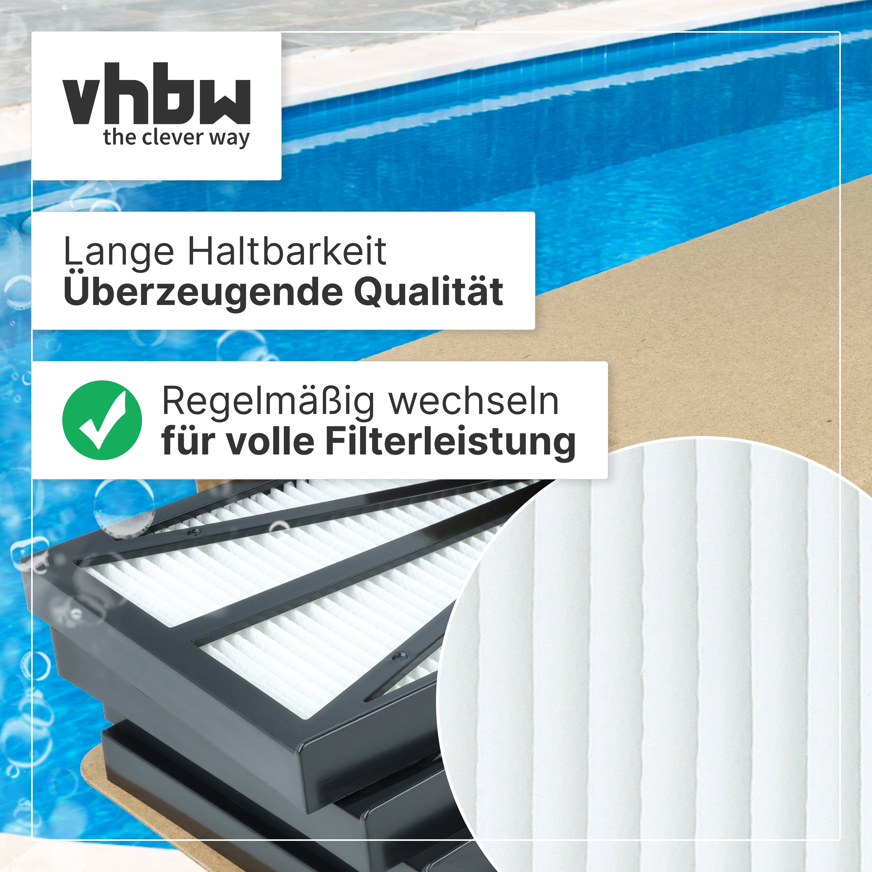 Filterelement mit schwarzem Rahmen vor Pool-Hintergrund, mit Texten wie Lange Haltbarkeit und vhbw.