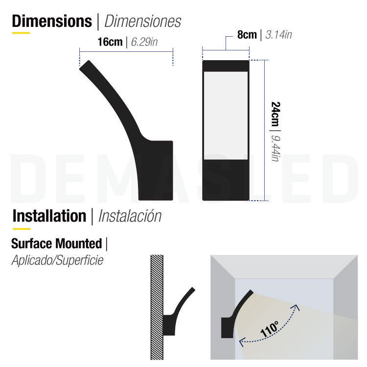 El diagrama muestra las dimensiones y montaje en pared de una lámpara negra con ángulo de 110 grados.