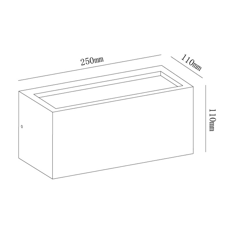 Dibujo técnico de un artefacto rectangular con dimensiones: 250 mm de largo, 110 mm de alto y 110 mm de profundidad.