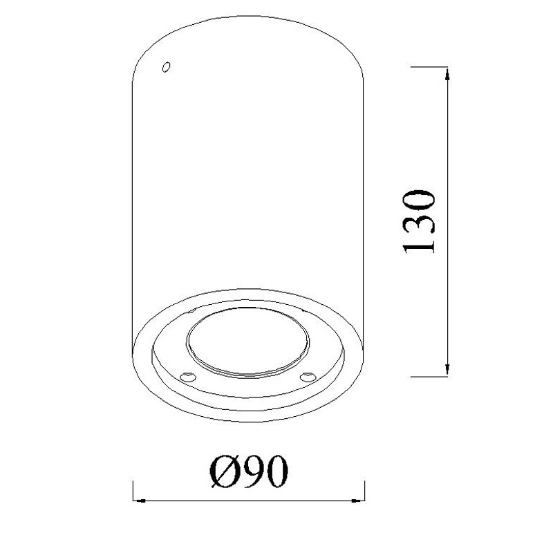 Dibujo técnico de una luminaria cilíndrica, altura 130, diámetro 90.