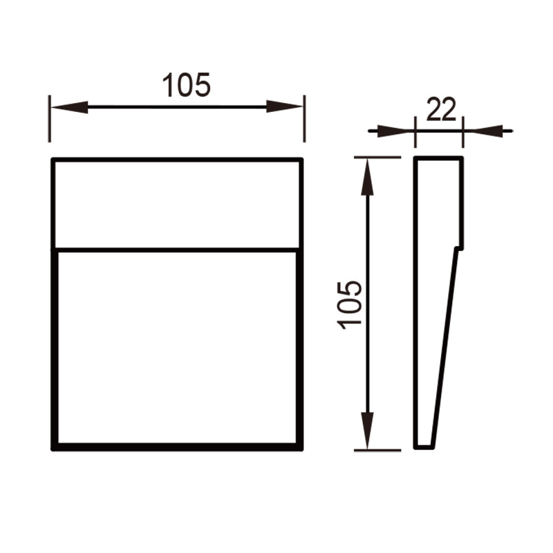 Dibujo técnico de un componente cuadrado con dimensiones de 105x105 y 22 milímetros.