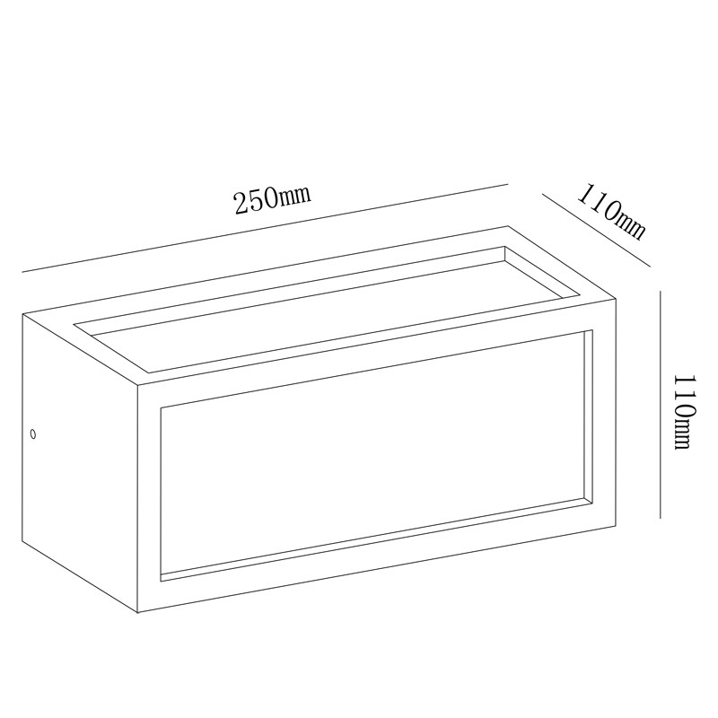 Dibujo lineal de un accesorio rectangular con dimensiones: 250 mm de largo, 110 mm de ancho y 110 mm de alto.