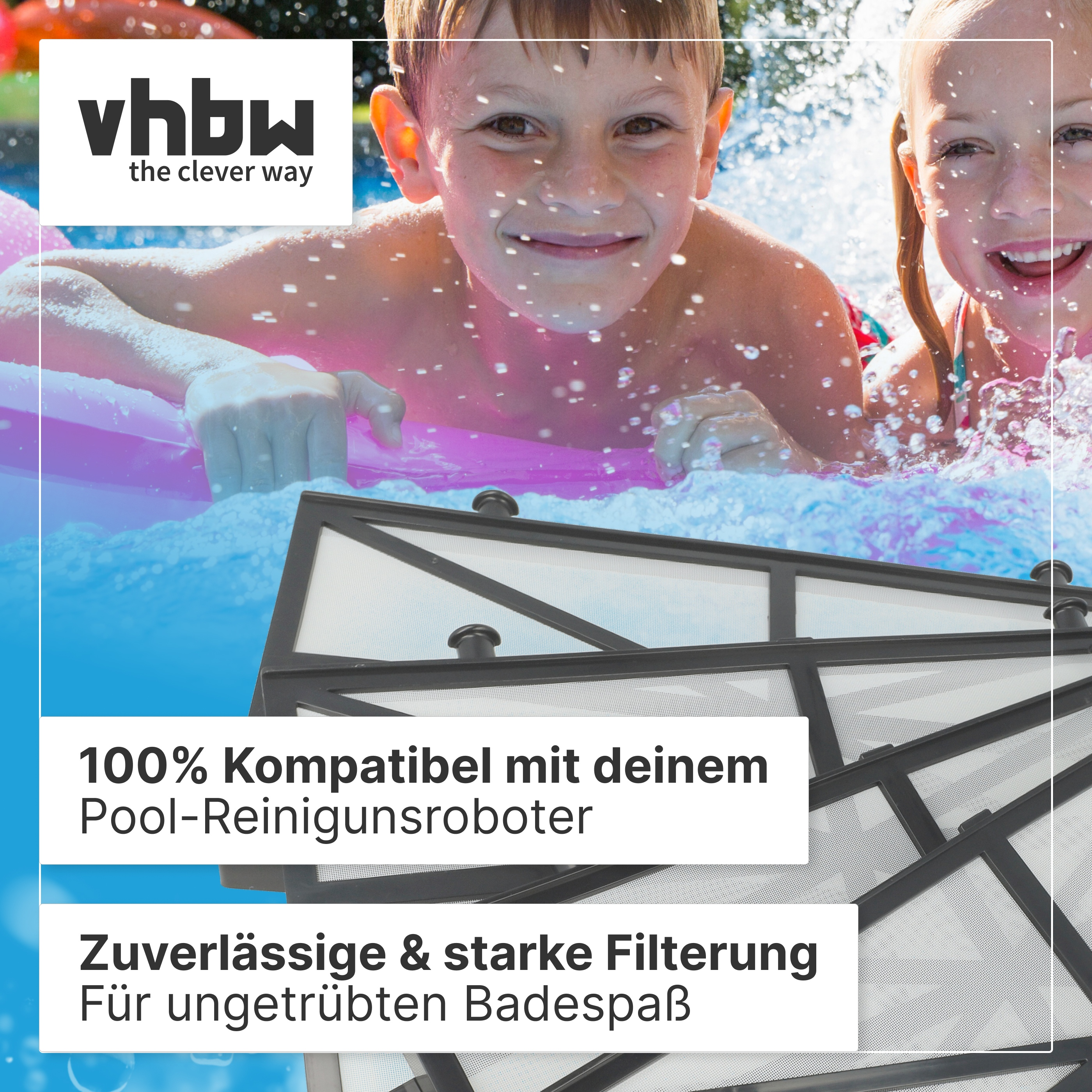 Zwei Kinder im Pool und Poolfilter im Vordergrund mit Text für VHBW.