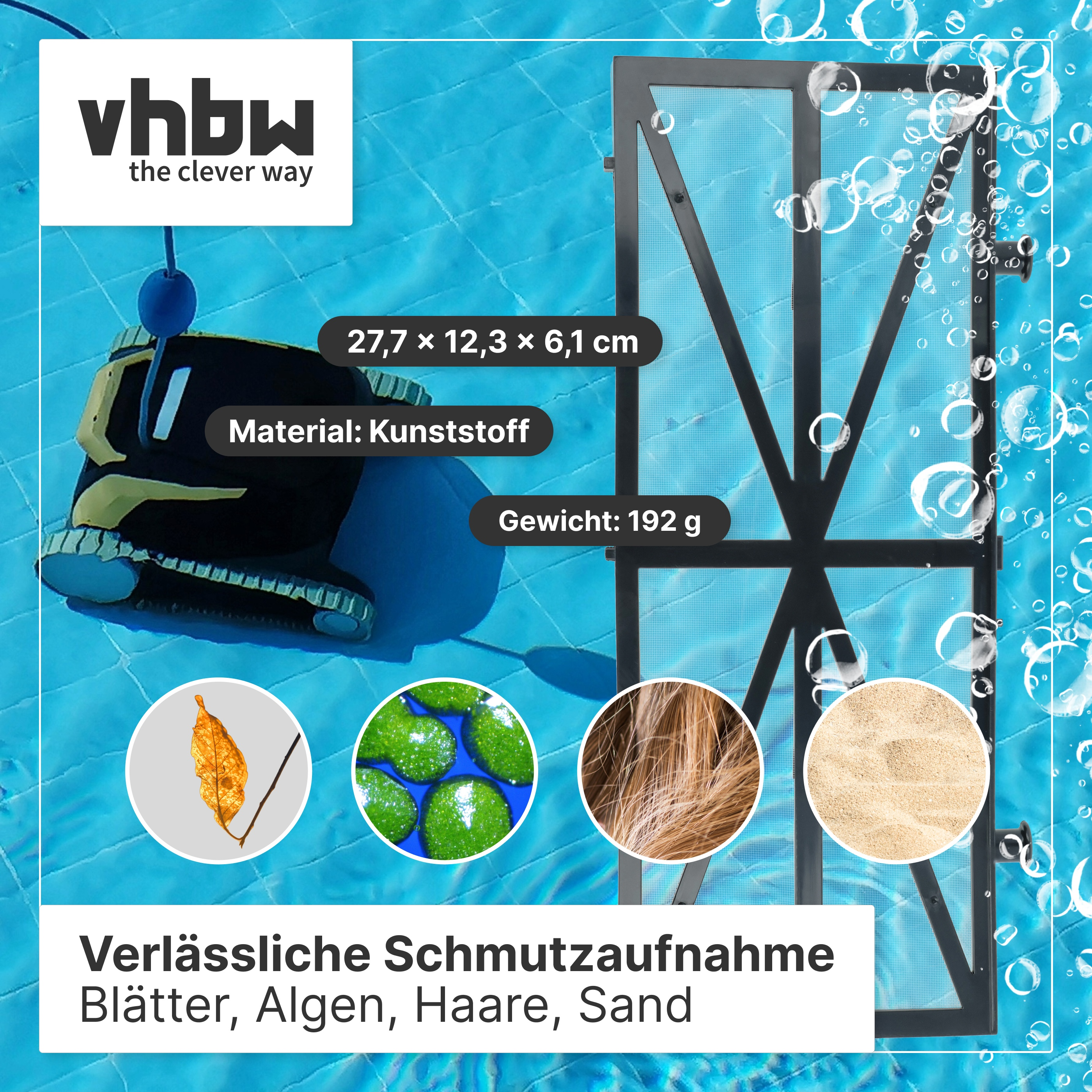 Pool-Roboter und Filterelement mit Infografiken zu Maßen, Material und aufgesammeltem Schmutz vor blauem Wasser.