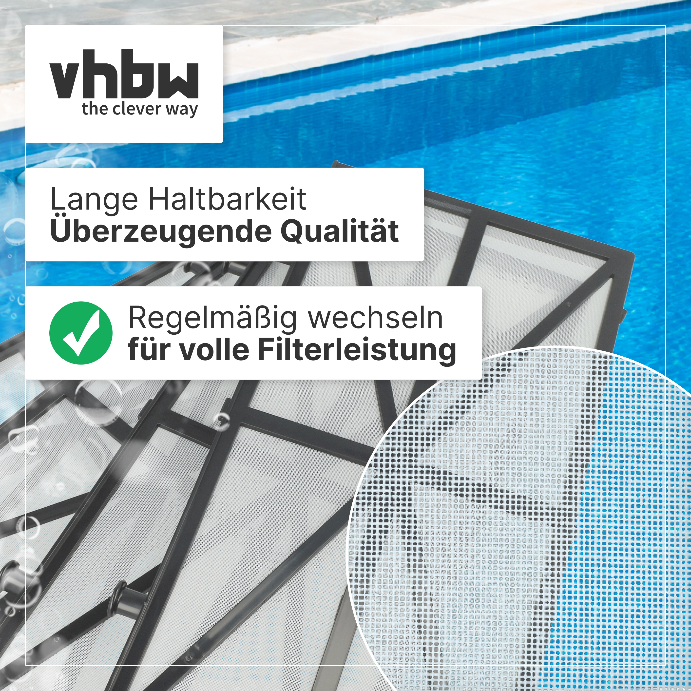Poolfilter mit feinem Netz vor blauem Wasser und vhbw-Logo.