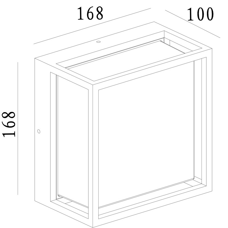 Dibujo técnico de una lámpara de pared cuadrada con dimensiones: 168 mm de alto y ancho, y 100 mm de profundidad.