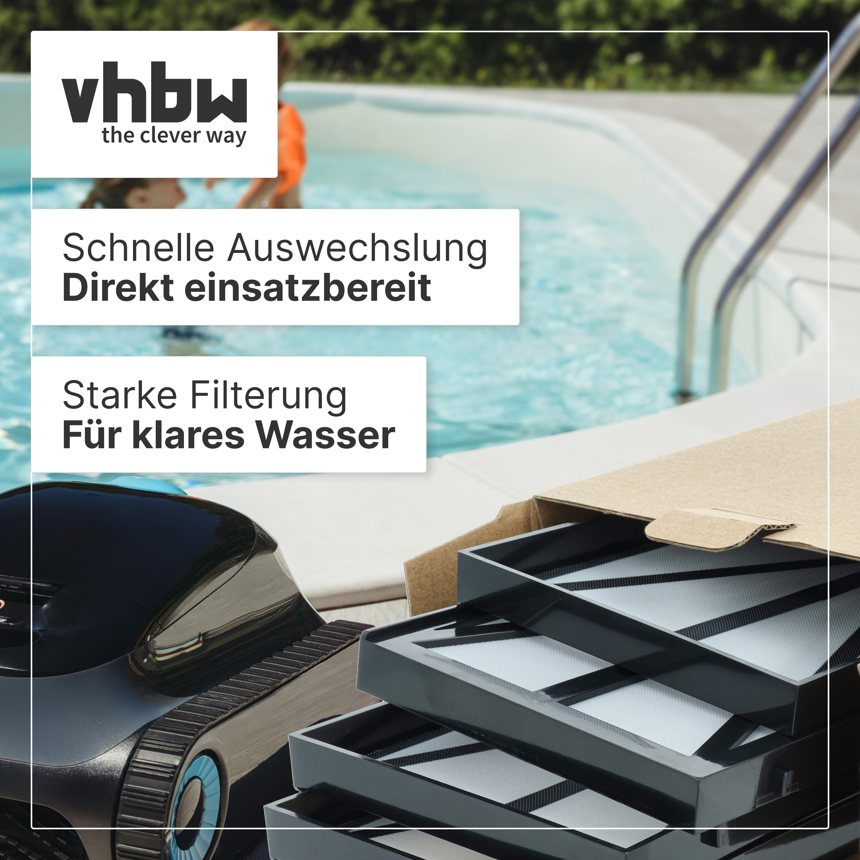 Poolroboter und Filterkassetten am Swimmingpool, mit Vhbw Logo und Text auf weißem Grund.