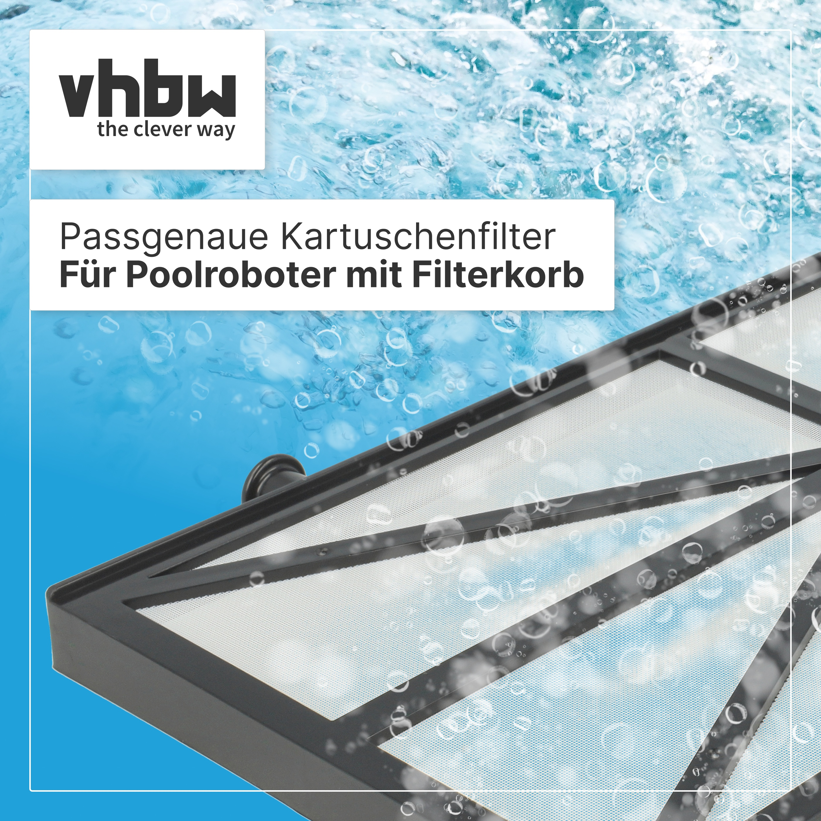 Ein schwarzer Poolfilterkorb unter Wasser mit aufsteigenden Blasen und Textoverlays.