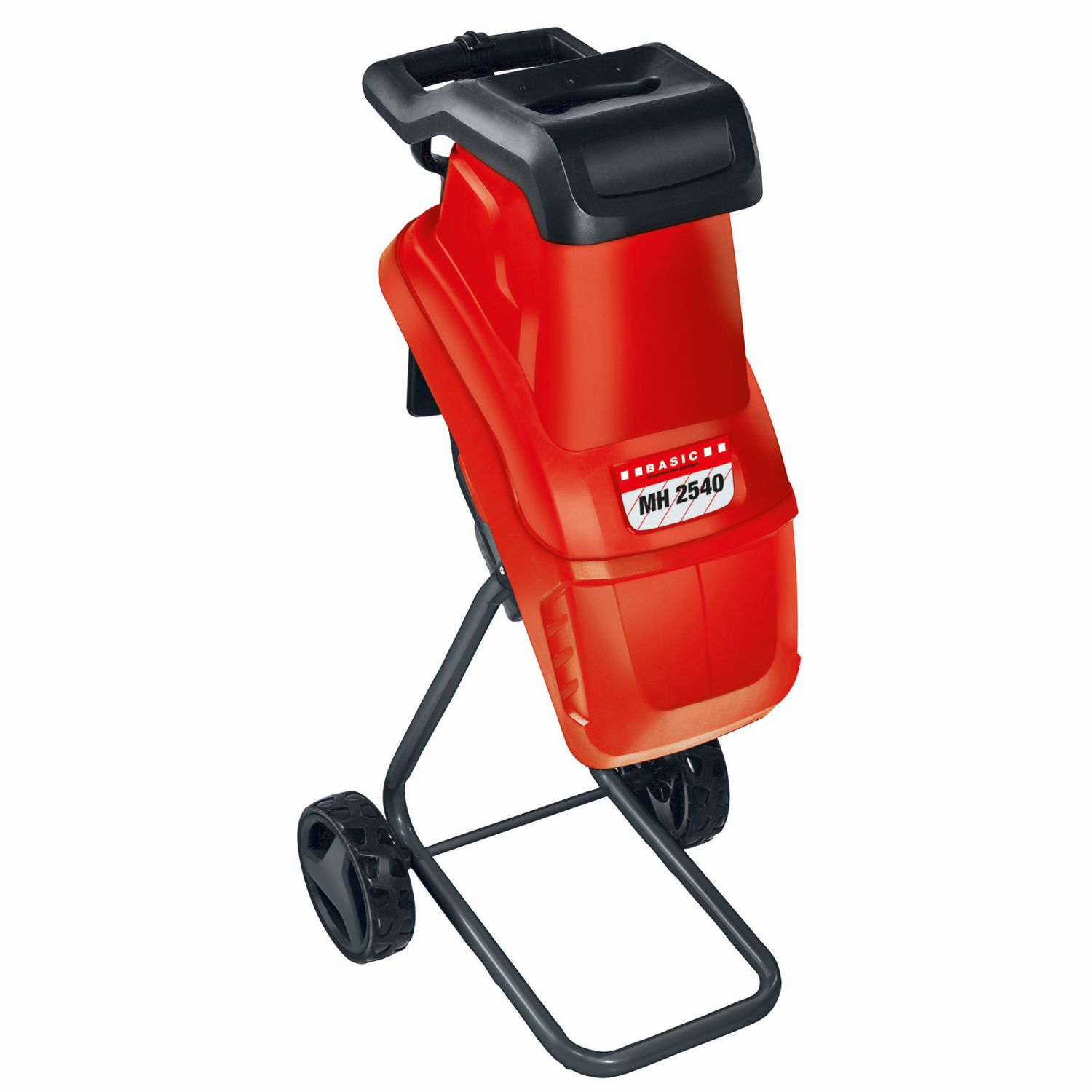 Ein rot-schwarzer Elektro-Gartenhäcksler steht auf einem Metallgestell mit zwei schwarzen Rädern vor weißem Hintergrund.