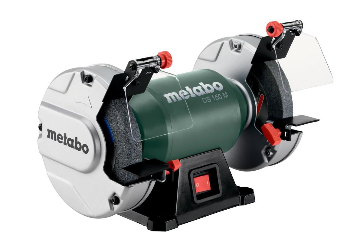 Grüner Metabo Doppelschleifer DS 150 M mit Schutzschilden und rotem Ein/Aus-Schalter.
