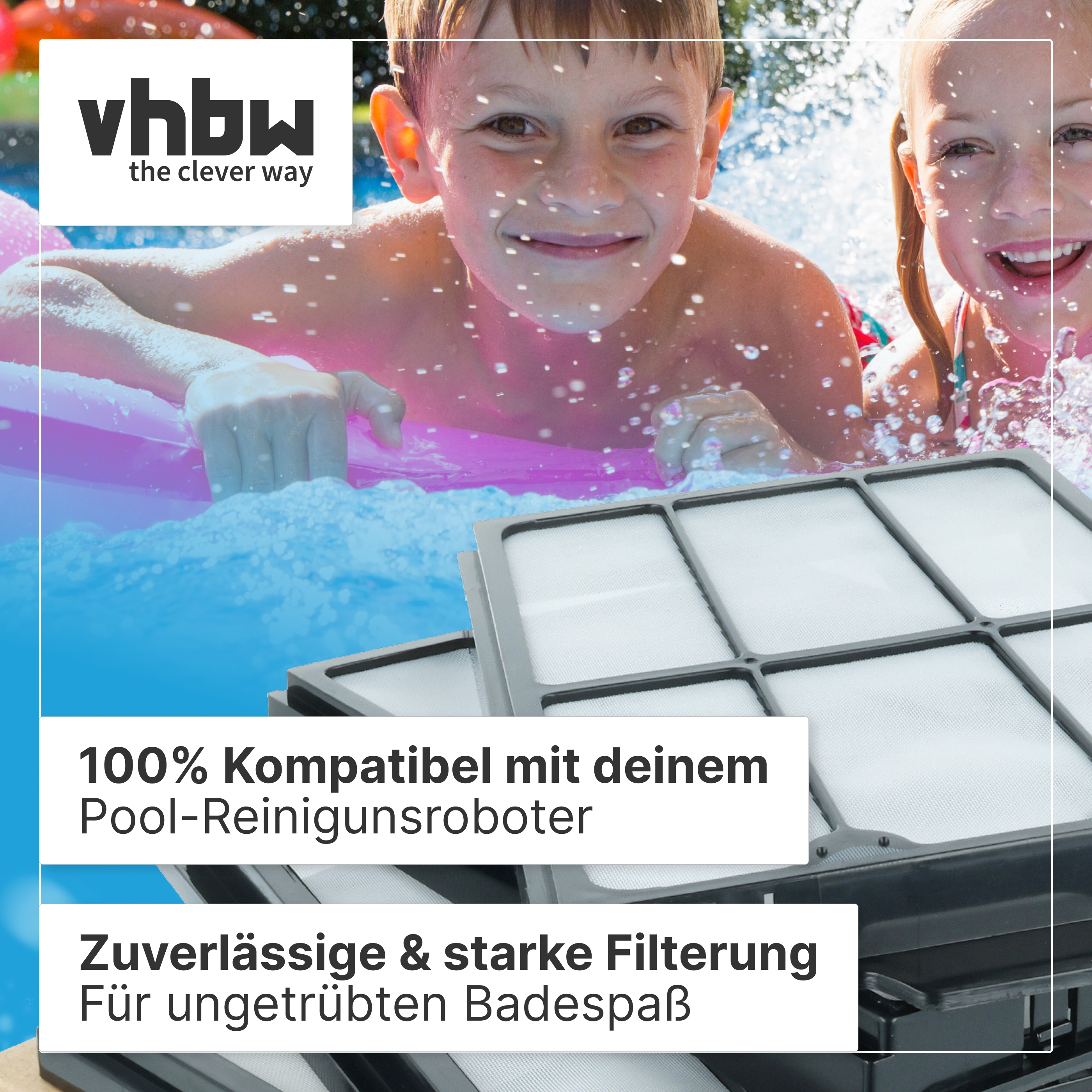 Zwei Kinder lächeln in einem Pool hinter Poolfiltern, mit vhbw Branding-Text.