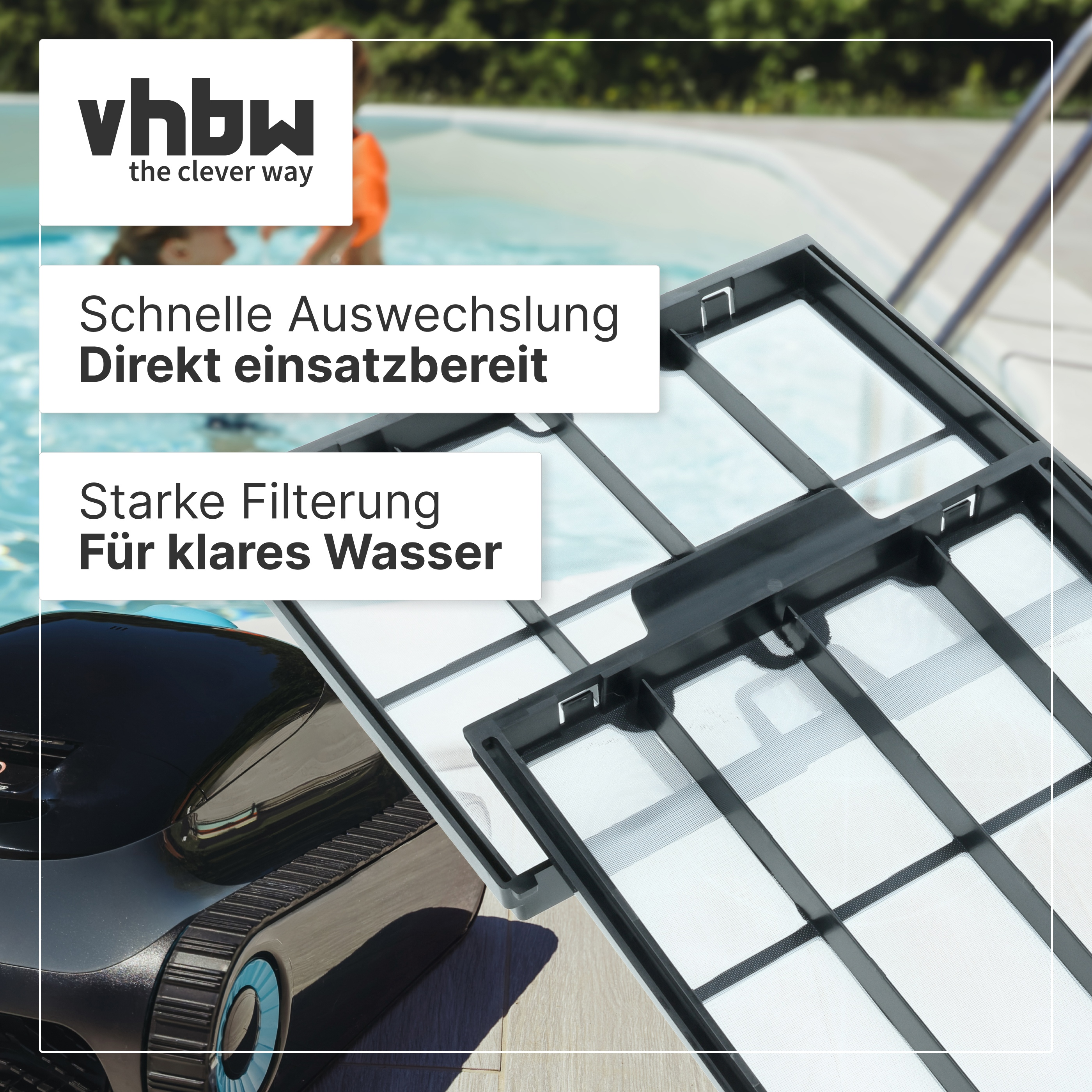 Poolfilter und Poolroboter am Beckenrand mit vhbw Logo und Text.
