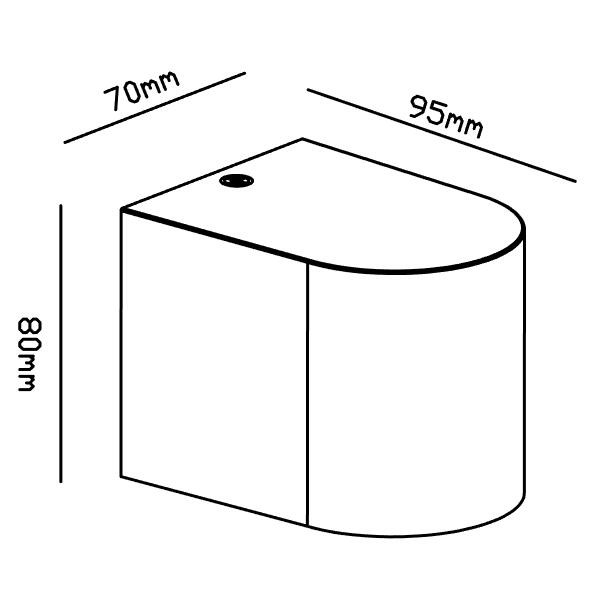 Dibujo lineal de un objeto rectangular redondeado con dimensiones de 70 mm, 95 mm y 80 mm.