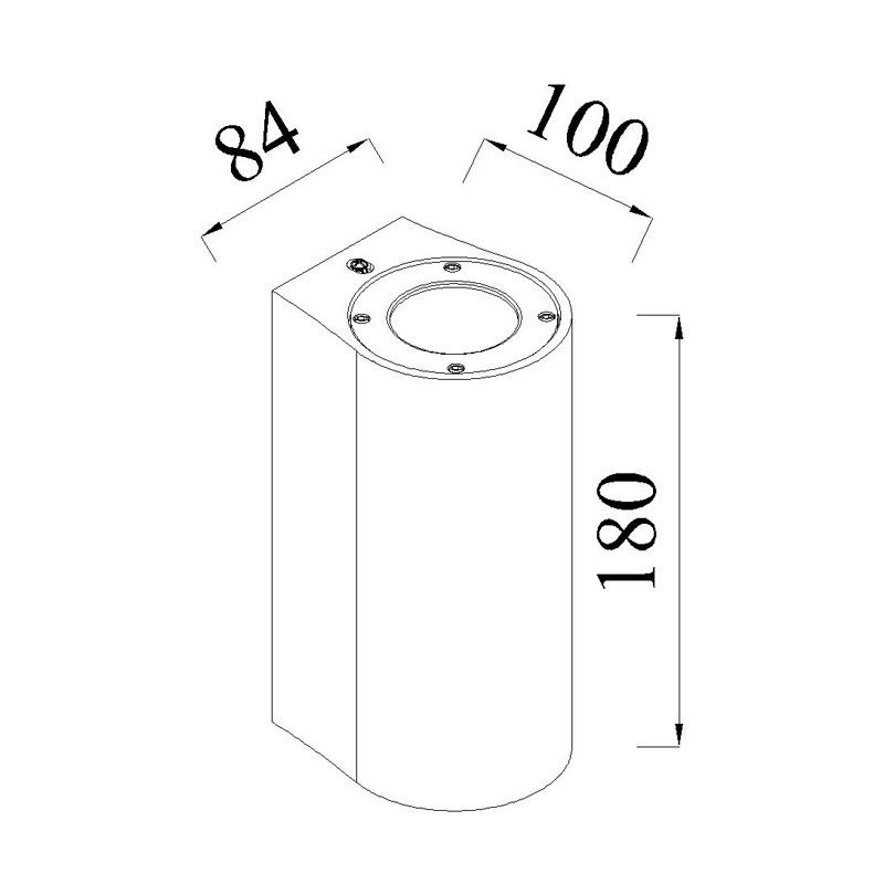 Dibujo técnico de una lámpara de pared cilíndrica con dimensiones de 84, 100 y 180 mm.
