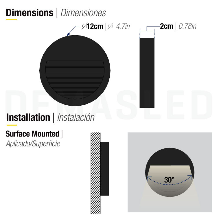 Diagrama que muestra dimensiones y montaje en superficie de una luz de pared redonda de 12cm.
