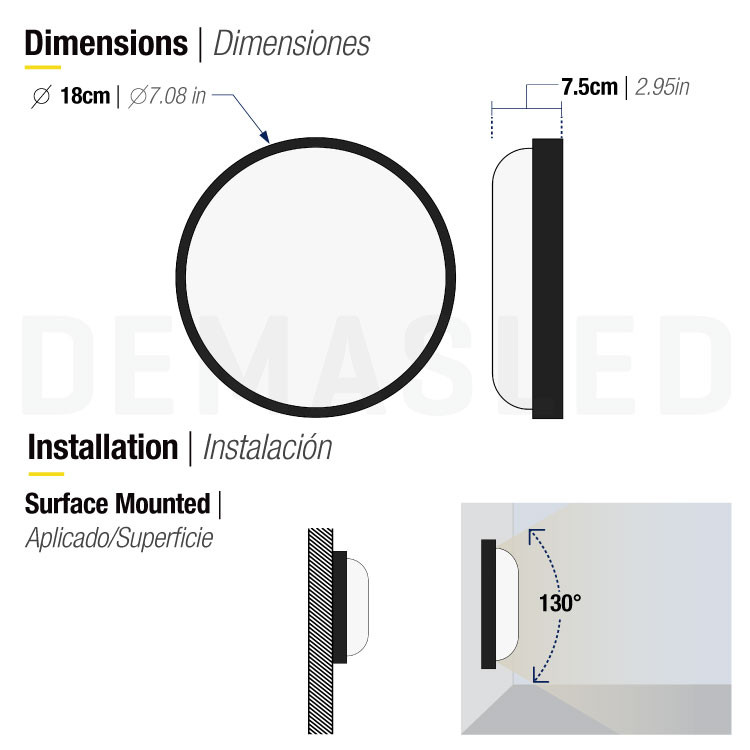Diagrama que muestra dimensiones y montaje en superficie de una lámpara redonda de 18 cm.