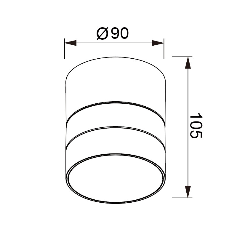 Dibujo técnico de una luminaria cilíndrica con un diámetro de 90 y altura de 105.