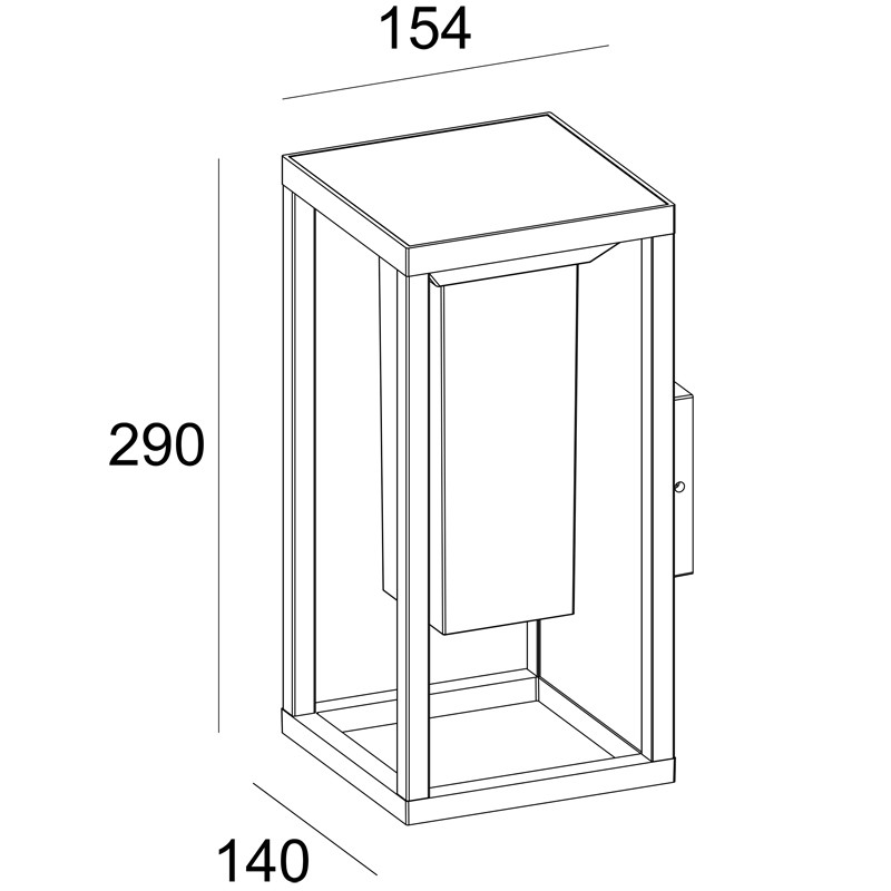 Dibujo técnico de una lámpara de pared rectangular con dimensiones 154, 290 y 140 mm.