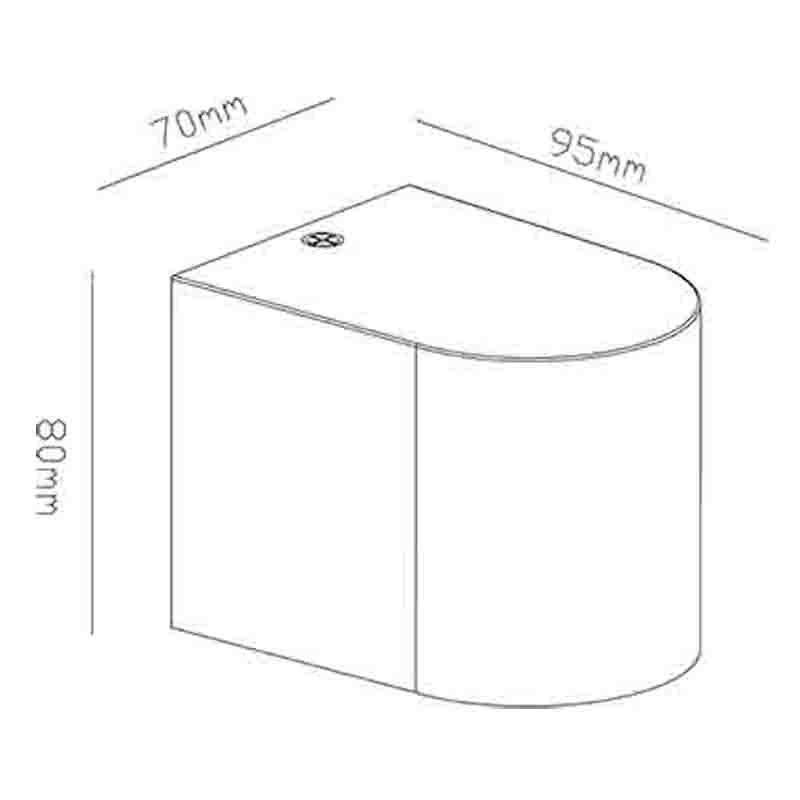 Dibujo técnico de una luminaria rectangular con bordes redondeados y dimensiones de 70mm, 95mm y 80mm.