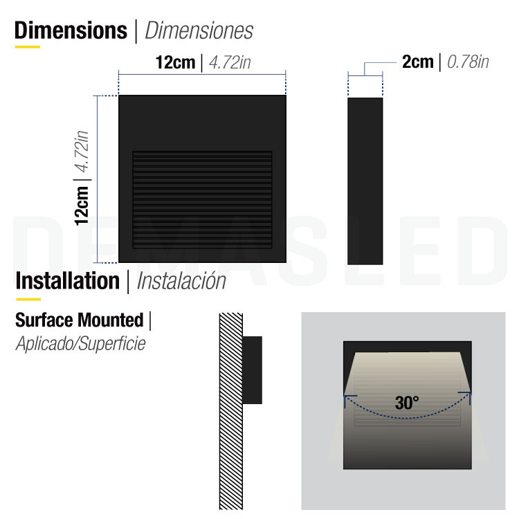 Dibujo técnico que muestra las dimensiones y montaje superficial de una luminaria cuadrada con ángulo de 30 grados.