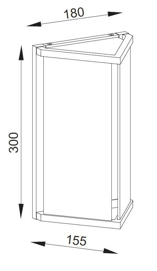 Dibujo técnico de un aplique de pared triangular con dimensiones de 180, 300 y 155 mm.
