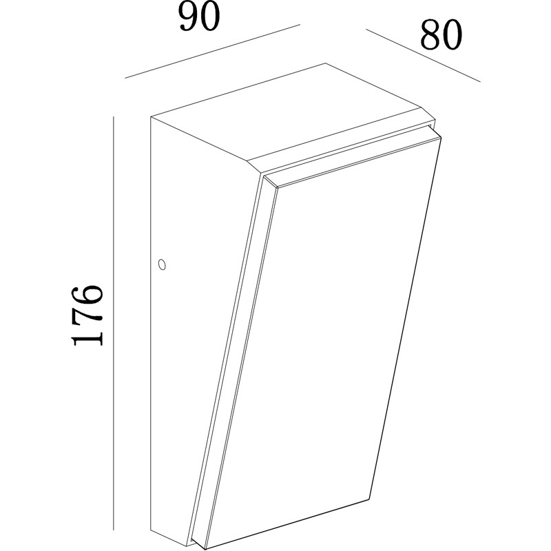 Dibujo lineal de una lámpara de pared rectangular con dimensiones 90, 80 y 176.