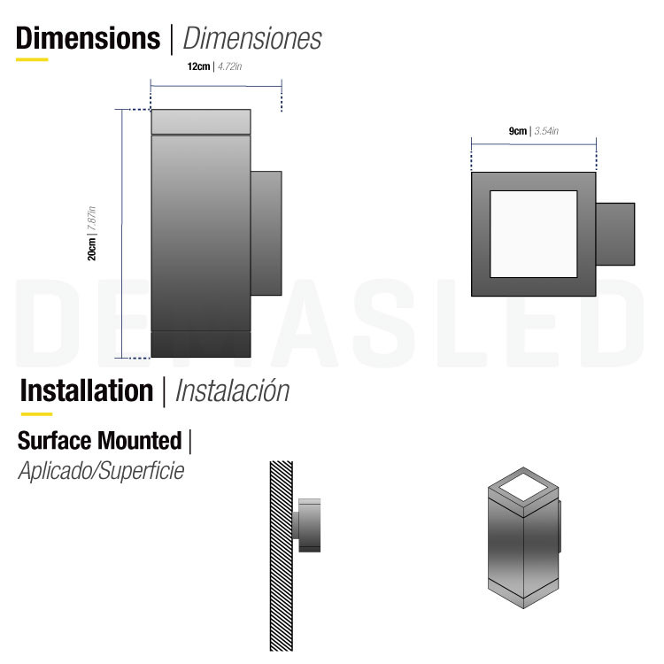 Dibujo técnico que muestra las dimensiones y la instalación en superficie de una lámpara de pared.