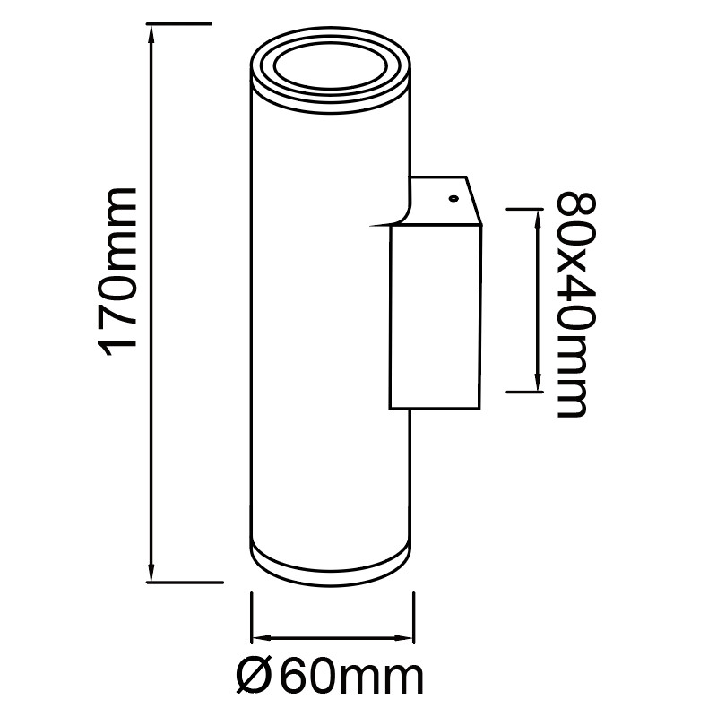 Dibujo técnico de un aplique cilíndrico con dimensiones de 170 mm de alto y 60 mm de diámetro.