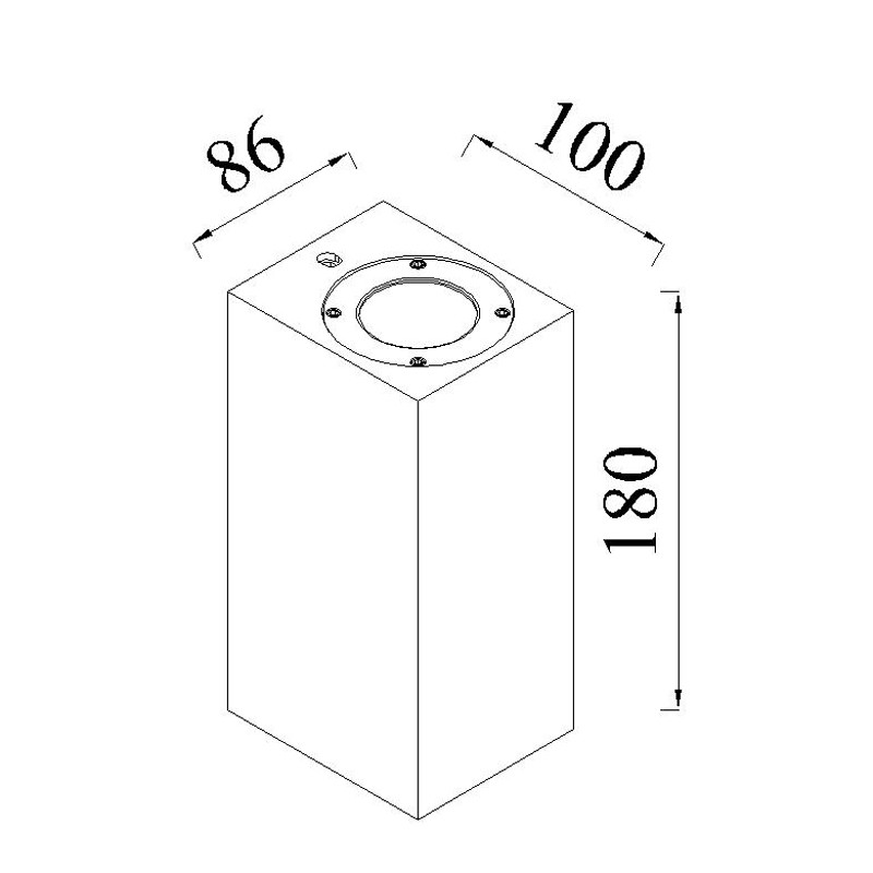 Dibujo técnico de una luminaria rectangular con dimensiones 86, 100 y 180.