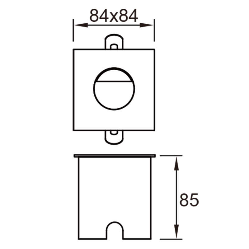 Dibujo técnico de un componente cuadrado con dimensiones de 84x84 arriba y 85 abajo.
