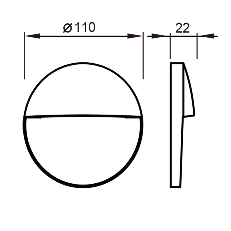 Dibujo técnico de un objeto redondo, diámetro 110 mm, grosor 22 mm, visto de frente y de perfil.