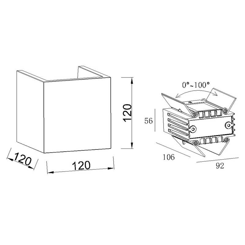 Dibujo técnico de una lámpara de pared cuadrada con dimensiones y solapas ajustables.