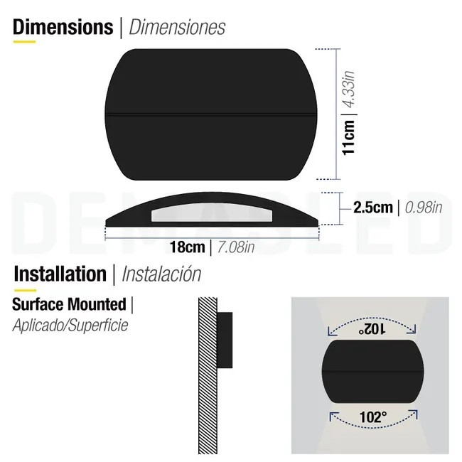 Diagrama que muestra las dimensiones y la instalación en superficie de una luz de pared rectangular negra con haz de 102 grados.