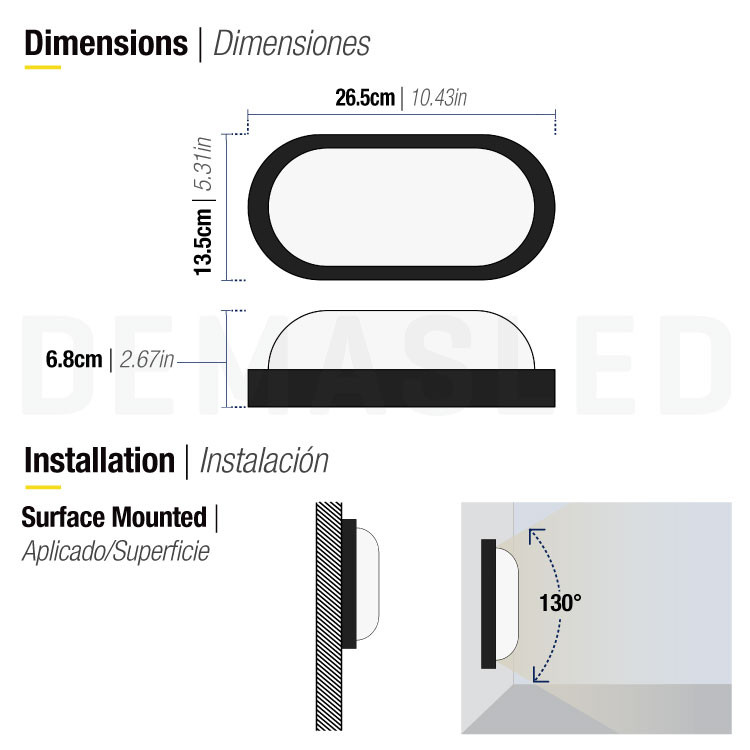 Diagrama que muestra las dimensiones y la instalación en superficie de una lámpara LED ovalada.