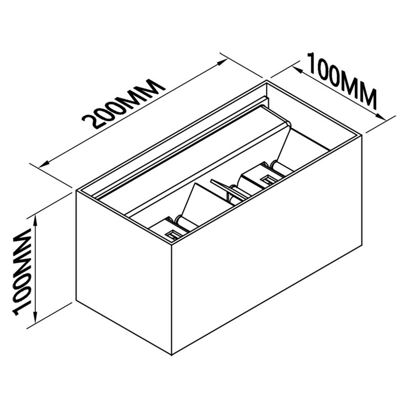 Dibujo lineal de una luminaria rectangular con dimensiones de 200 mm de largo, 100 mm de ancho y 100 mm de alto.
